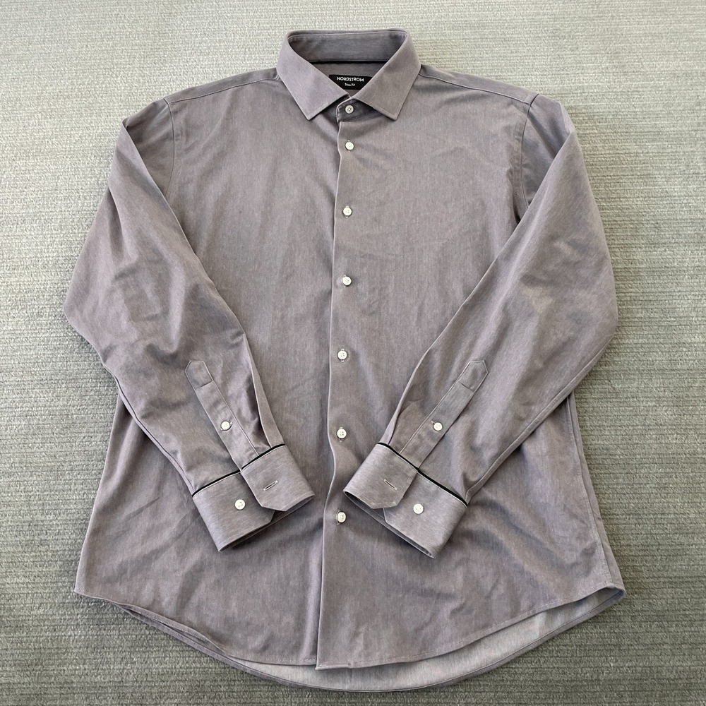 Nordstrom Button Up Shirt Mens 16.5 Purplish Gray Trim Fit Contrast Office Party
